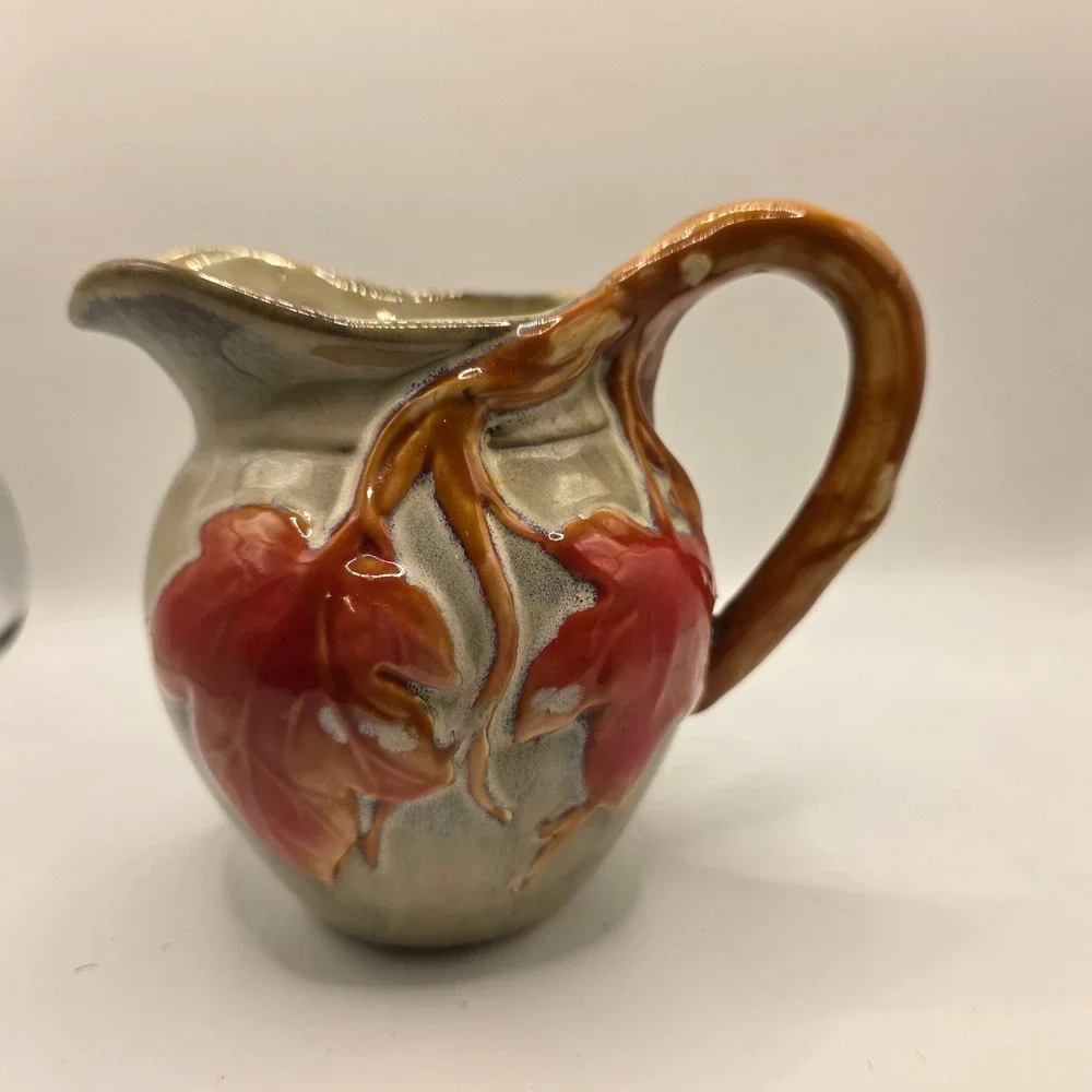 Vintage Studio Pottery Glazed Stoneware Maple Leaf Pitcher Branch Handle 5.5